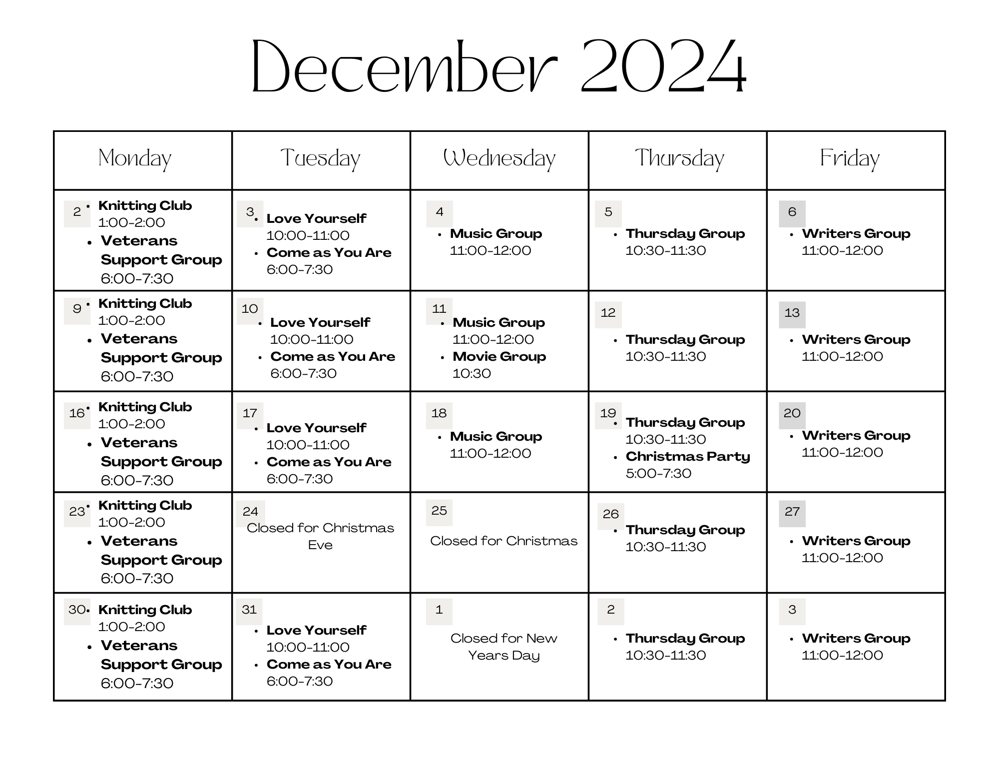 December Event Calendar